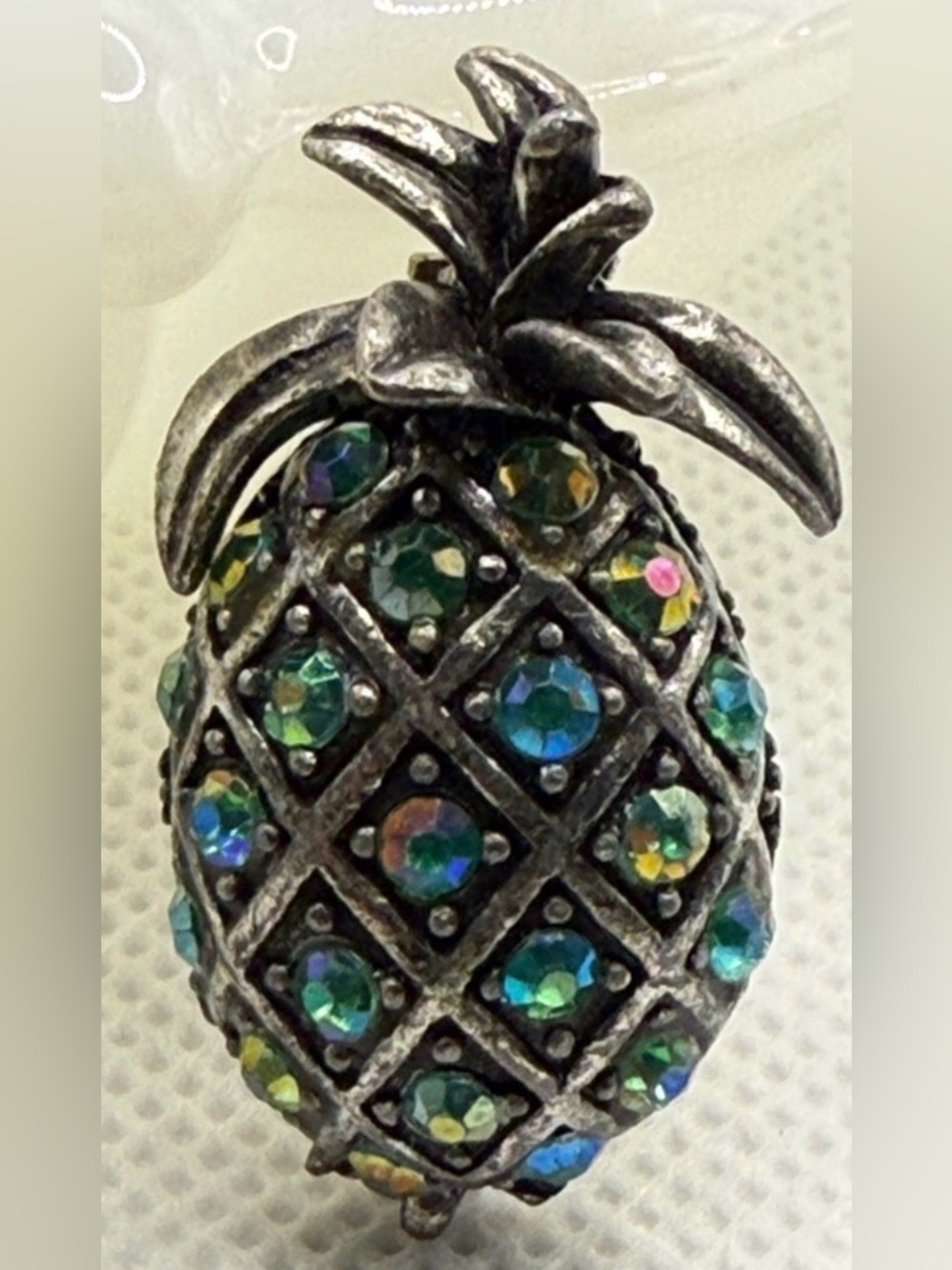 Vintage Pineapple Colorful Accent Pin Brooch - Iridescent Green blue rhinestones